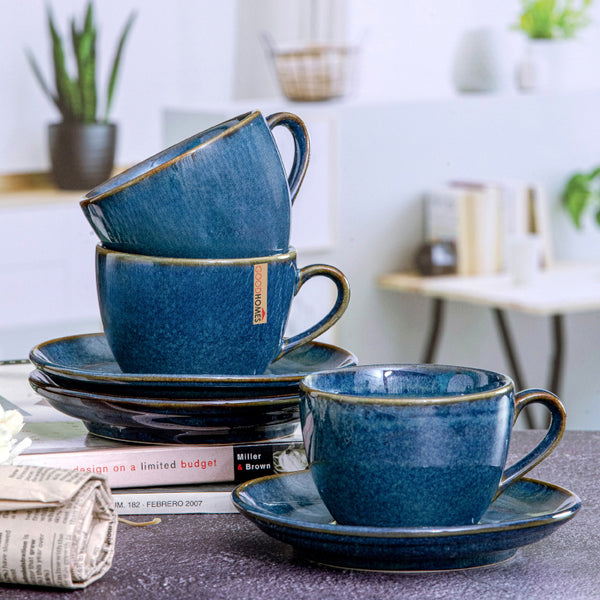 Tea Sets & Tea Pots - Hrito Blue Stoneware Mug (200 ML) - Set Of Eight