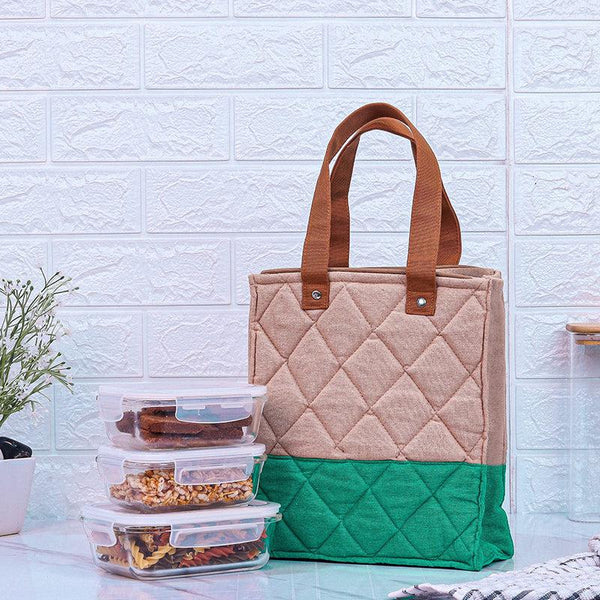 Tiffin Box & Storage Box - Acro Glass Lunch Box With Green Lunch Bag (400 ML, 620 ML) - Four Piece Set