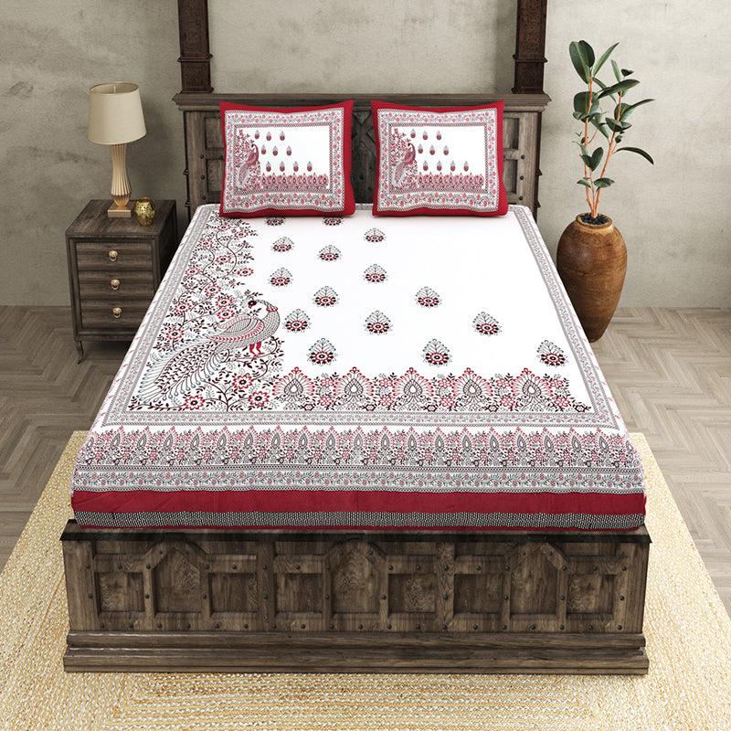 Bedsheets - Tanip Ethnic Bedsheet - White,Red