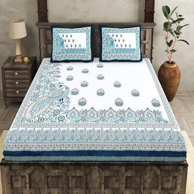 Buy Tanip Ethnic Bedsheet - White,Blue Bedsheets from Vaaree