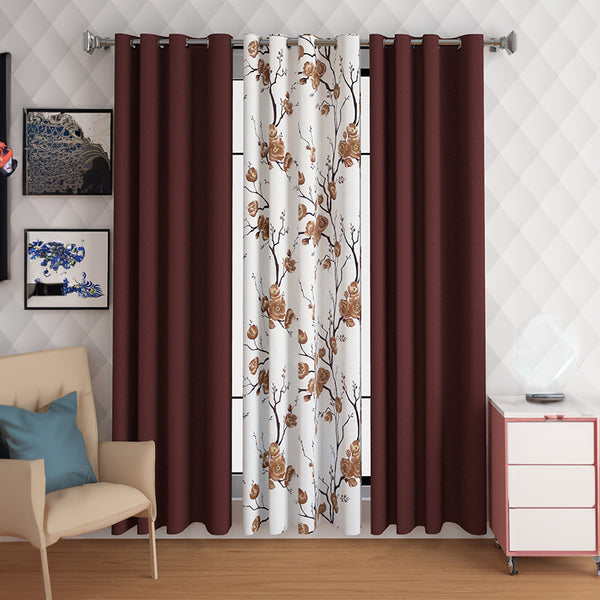 Helio Floral Curtain (Brown) - Set Of Three