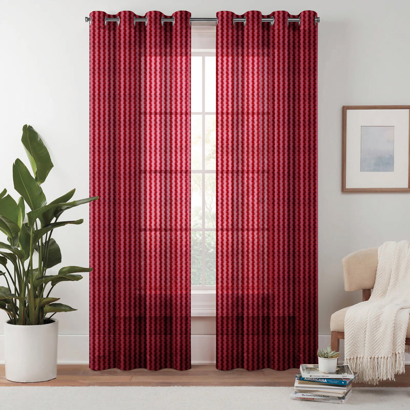 Curtains - Atla Net Stripe Sheer Curtain (Red) - Set Of Two
