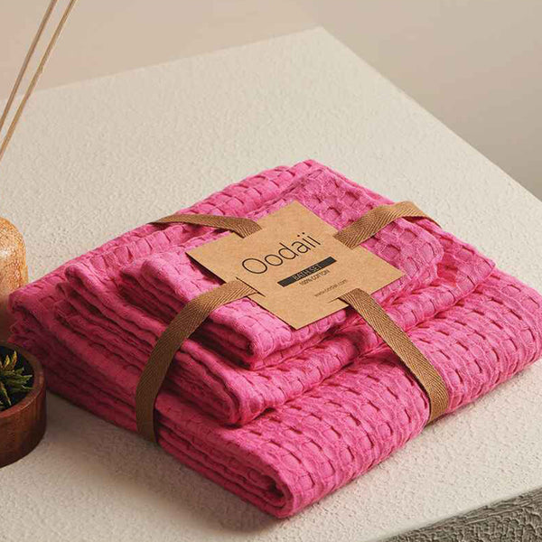 Buy Haimi Textured Waffle Towel Combo (Pink) - Four Piece Set Towel Sets from Vaaree