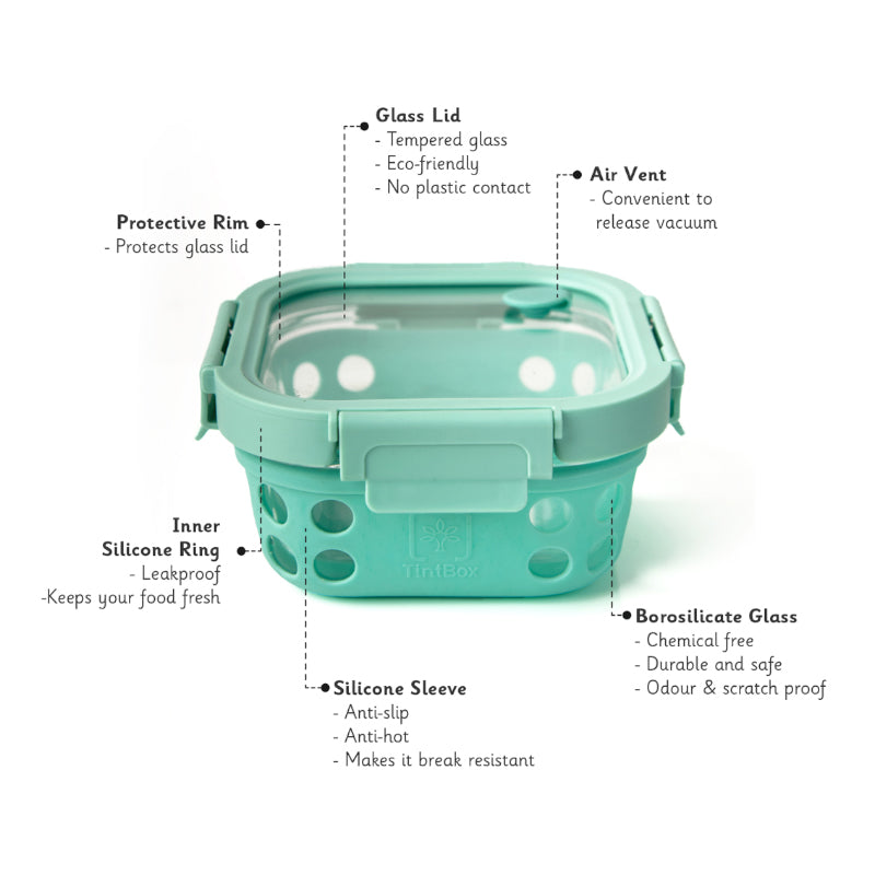 Tiffins & Lunch Box - Marco Glass Lunch Box With Silicone Sleeve (525 ML) - Coral Green