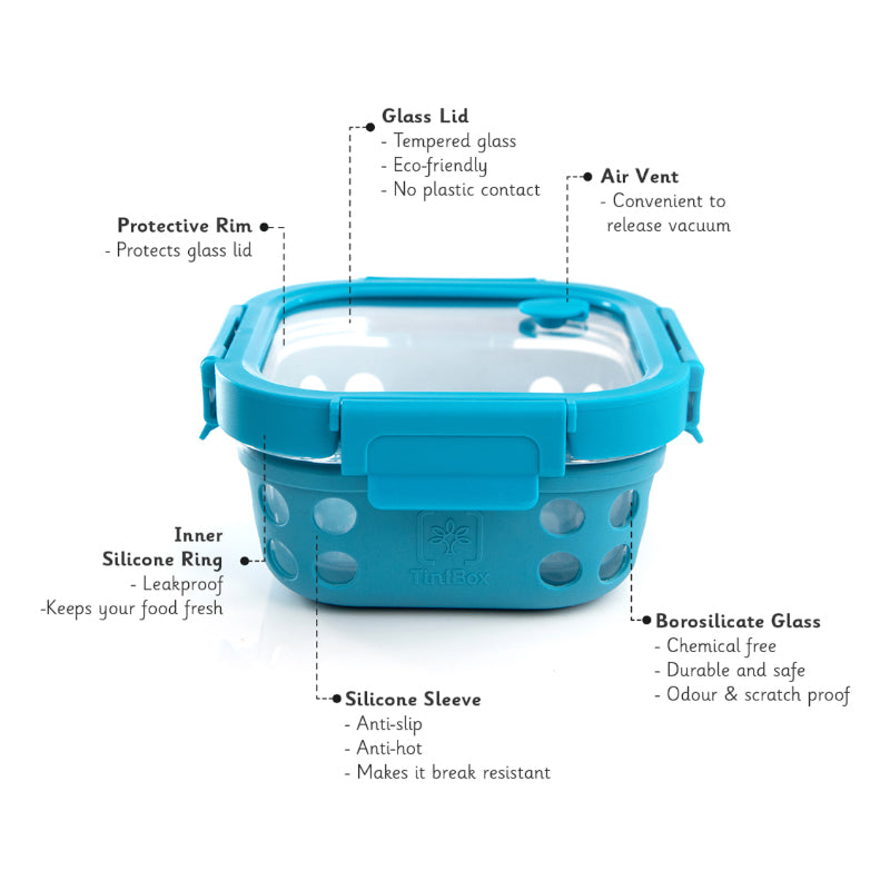 Buy Marco Glass Lunch Box With Silicone Sleeve (525 ML) - Blue Tiffins & Lunch Box from Vaaree