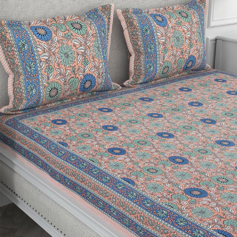 Buy Astor Floral Bedsheet - Blue & Peach Bedsheets from Vaaree