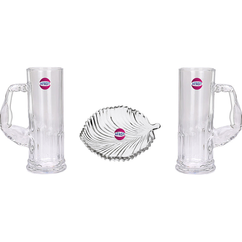 Barware Set - Hoshea (600 ML) Beer Glass & Snack Plate Combo - Three Piece Set