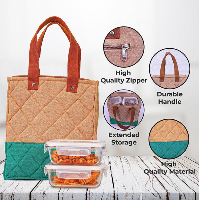 Tiffin Box & Storage Box - Acro Glass Lunch Box With Green Lunch Bag (400 ML, 620 ML) - Four Piece Set