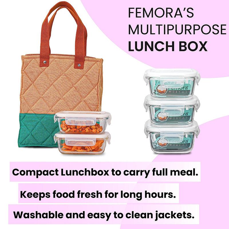 Tiffin Box & Storage Box - Acro Glass Lunch Box With Green Lunch Bag (400 ML, 620 ML) - Four Piece Set