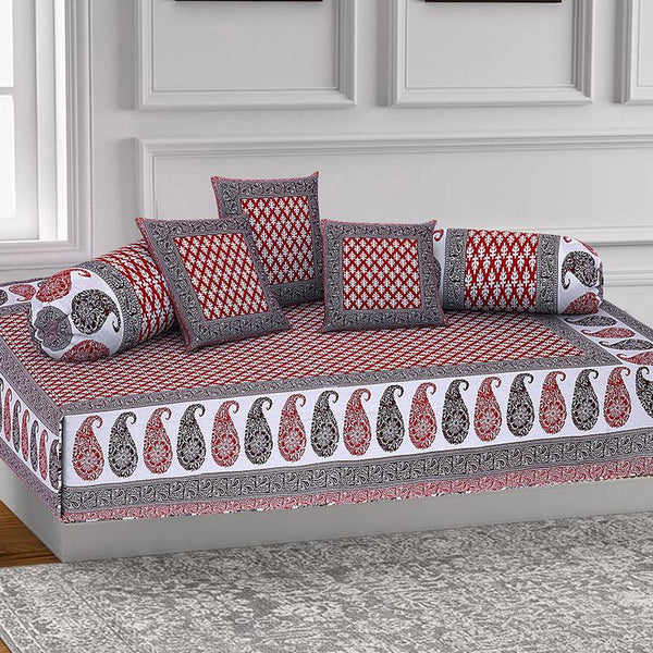 Suvarna Printed Diwan Set (Red) - Six Piece Set