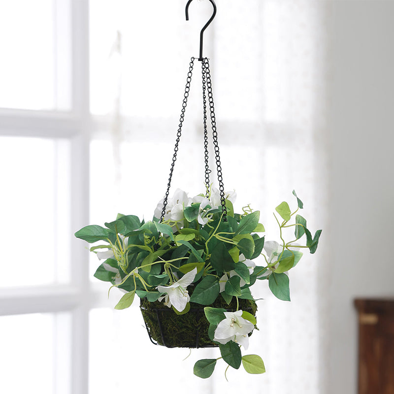 Artificial Plants - Faux Bougainville In Hanging Basket (White)