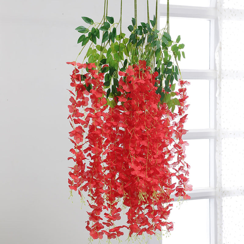 Artificial Flowers - Faux Hanging Orchid Vine (Red) - Set Of Twelve