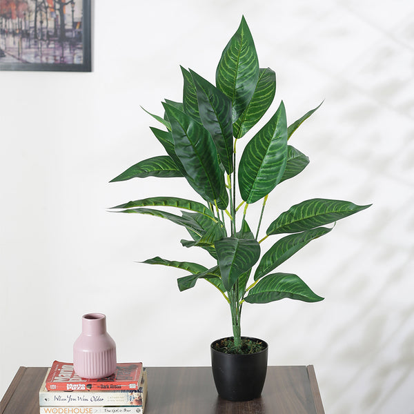 Artificial Plants - Faux Dark Green Croton Plant With Pot - 2.2 Feet