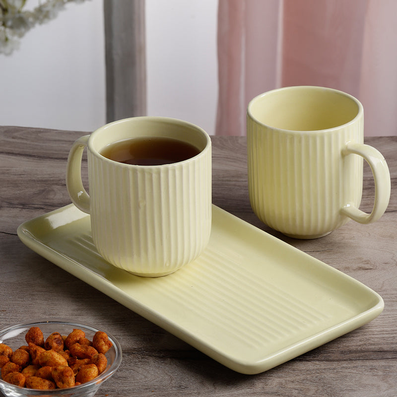 Tea Cup & Saucer - Vantera Yellow Ceramic Mug And Tray (220 ML) - Three Piece Set