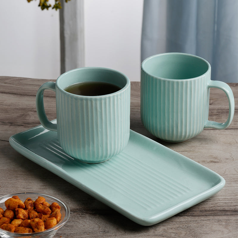 Tea Cup & Saucer - Vantera Green Ceramic Mug And Tray (220 ML) - Three Piece Set