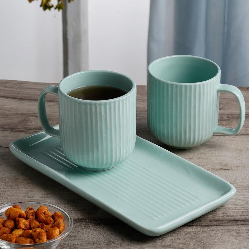 Buy Vantera Green Ceramic Mug And Tray (220 ML) - Three Piece Set Tea Cup & Saucer from Vaaree