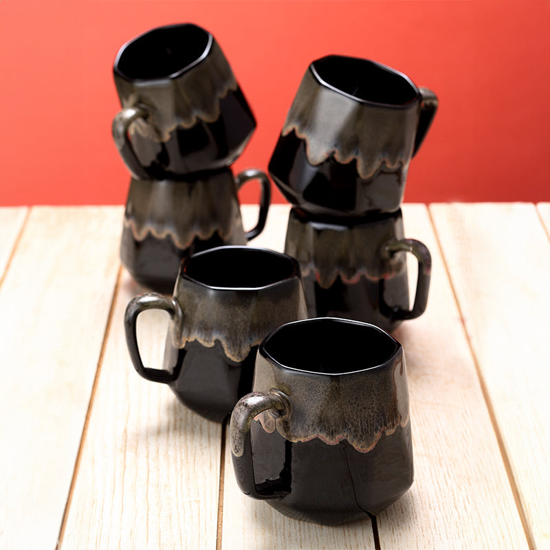 Mug & Tea Cup - Sorena Black Ceramic Mug (220 ML) - Set Of Six