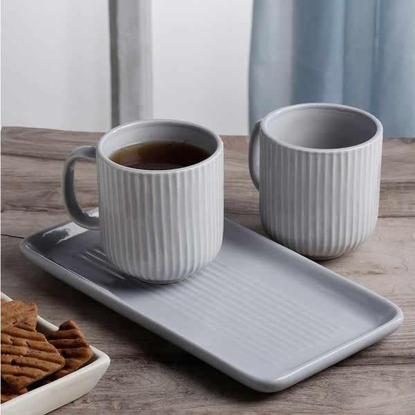 Tea Cup & Saucer - Vantera Blue Ceramic Mug And Tray (220 ML) - Three Piece Set