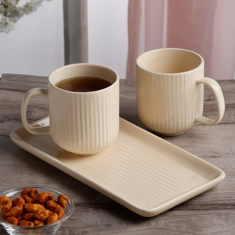 Tea Cup & Saucer - Vantera Beige Ceramic Mug And Tray (220 ML) - Three Piece Set