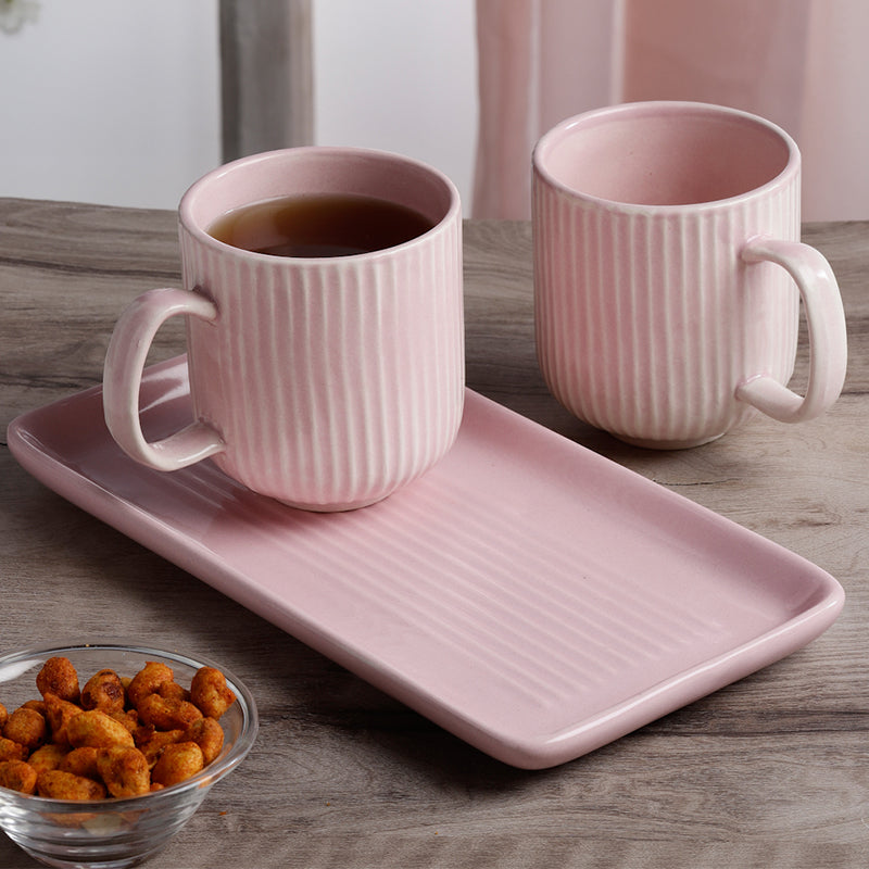 Tea Cup & Saucer - Vantera Pink Ceramic Mug And Tray (220 ML) - Three Piece Set