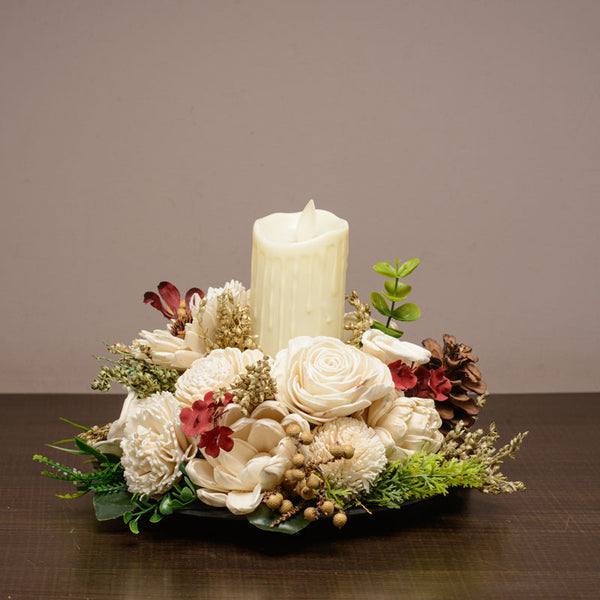 Tia Solawood Floral Tray With Battery Candle