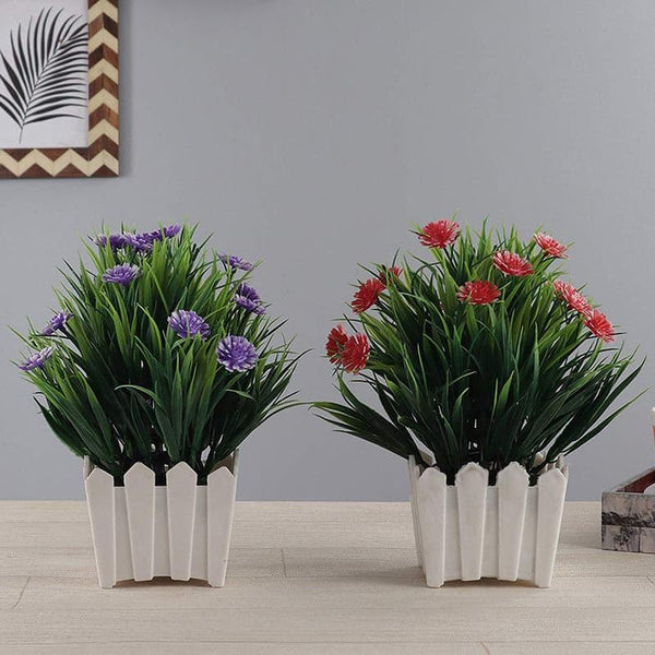 Artificial Flowers - Camellia Faux Plant In Fence Pot (Purple & Red) - Set Of Two