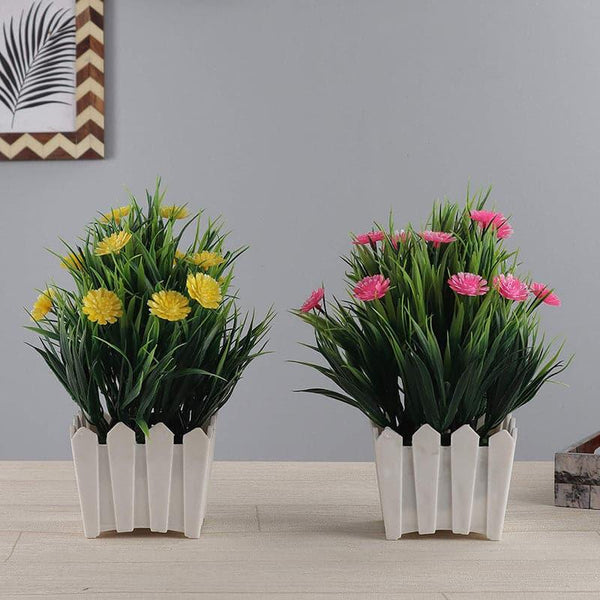 Artificial Flowers - Camellia Faux Plant In Fence Pot (Yellow & Pink) - Set Of Two