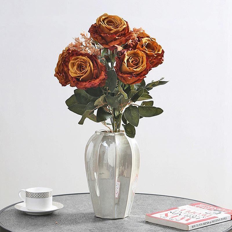 Artificial Flowers - Faux Autumn Rose Bunch - Brown