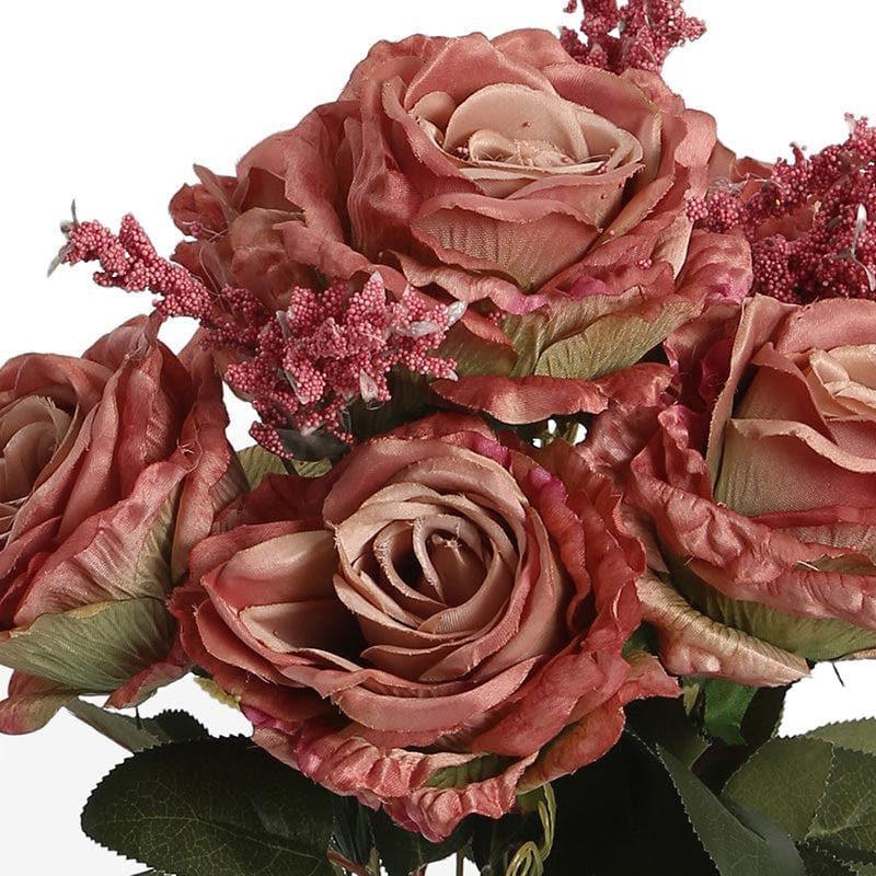 Artificial Flowers - Faux Autumn Rose Bunch - Dark Pink