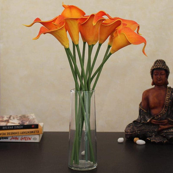 Artificial Flowers - Faux Calla Lily Bunch With Vase (Orange) - Set Of Ten