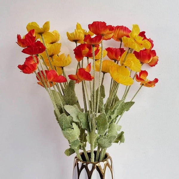 Artificial Flowers - Faux Iceland Poppy Floral Bunch (Red & Yellow) - Set Of Four
