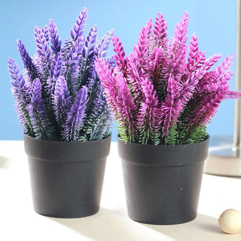 Artificial Flowers - Faux Lavender Plant In Pot - Set Of Two