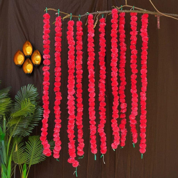Artificial Flowers - Faux Marigold Decorative Toran (Red) - Set Of Ten