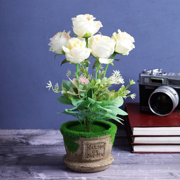 Artificial Flowers - Faux Rose Plant In Rustic Planter