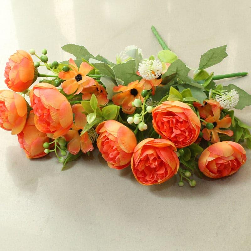 Artificial Flowers - Faux Tropicana Rose Bunch (Orange)- Set Of Two