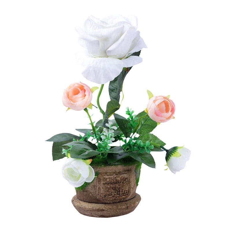 Artificial Flowers - Faux White Rose In Rustic Planter