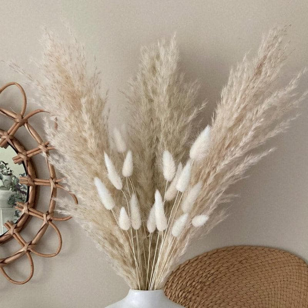 Artificial Flowers - Naturally Dried Pampas And Bunny Tail Flower Bunch - Set Of Fifteen