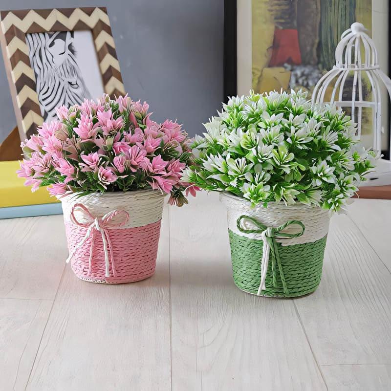 Artificial Plants - (Pink & Green) Alba Faux Plant In Basket Pot (17 cms) - Set Of Two