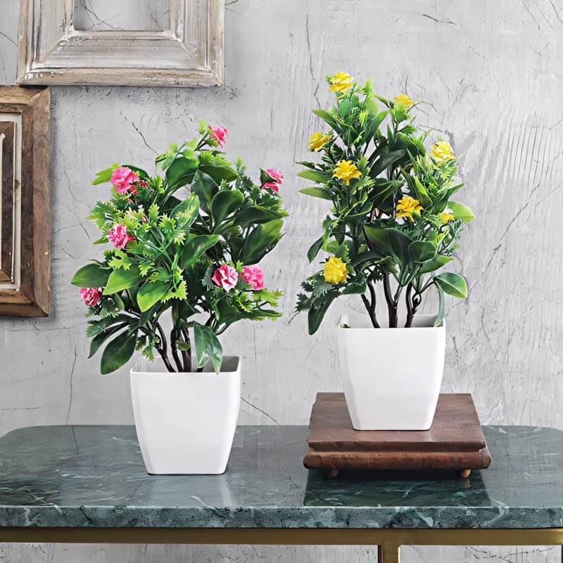 Artificial Plants - (Pink & Yellow) Dosea Faux Plant In Ostara Pot (28 cms) - Set Of Two