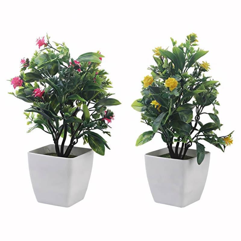 Artificial Plants - (Pink & Yellow) Dosea Faux Plant In Ostara Pot (28 cms) - Set Of Two