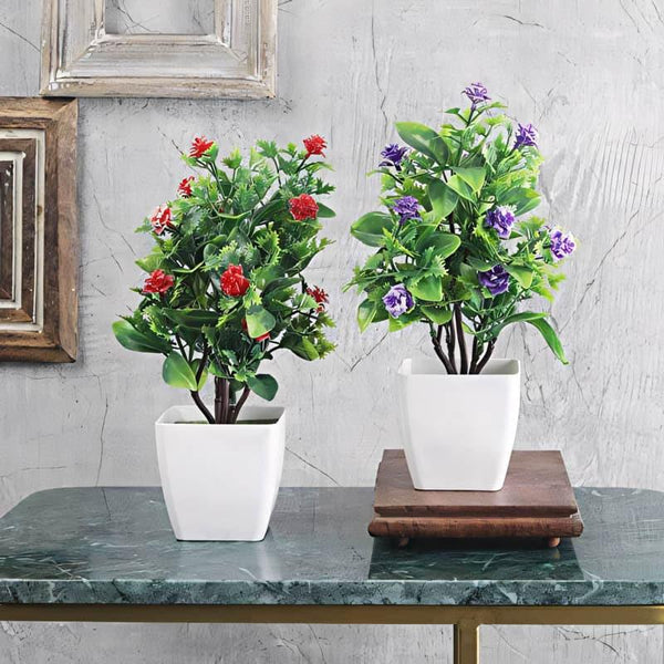 Artificial Plants - (Red & Blue) Dosea Faux Plant In Ostara Pot (28 cms) - Set Of Two