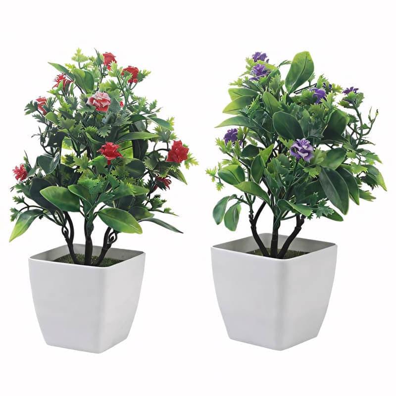 Artificial Plants - (Red & Blue) Dosea Faux Plant In Ostara Pot (28 cms) - Set Of Two