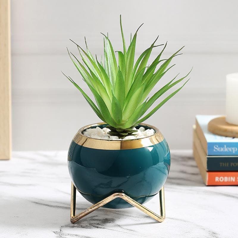 Buy Faux Agave In Blue Round Pot With Stand - 16 cms Artificial Plants from Vaaree