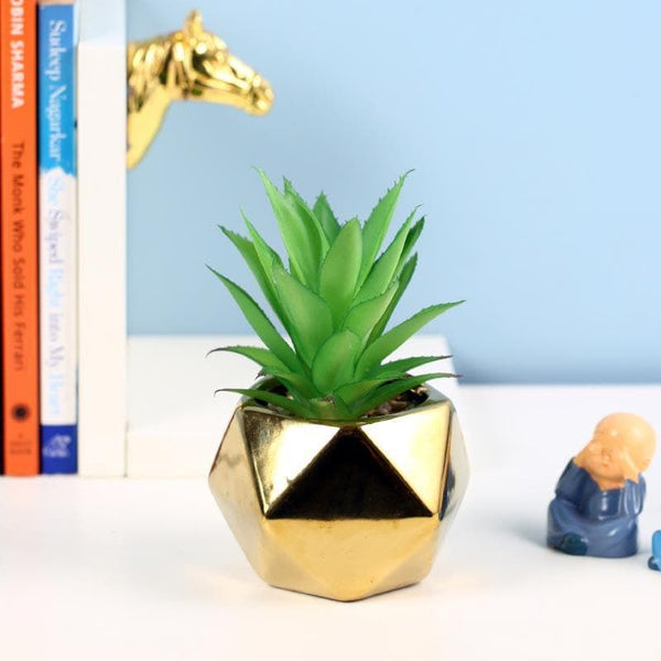 Artificial Plants - Faux Aloe Vera In Gold Ceramic Pot - 16.5 cms