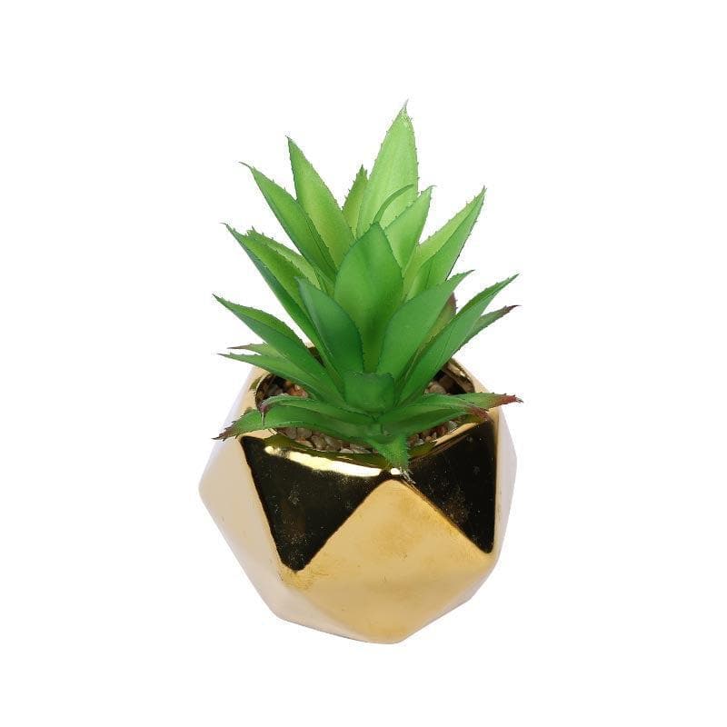 Artificial Plants - Faux Aloe Vera In Gold Ceramic Pot - 16.5 cms