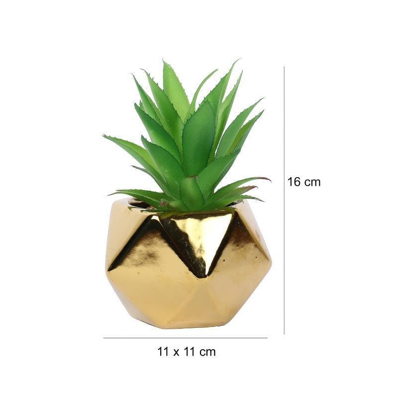 Artificial Plants - Faux Aloe Vera In Gold Ceramic Pot - 16.5 cms