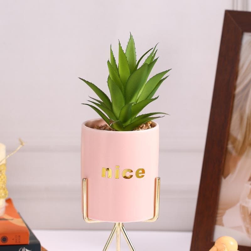 Artificial Plants - Faux Aloe Vera In Pink Pot With Tripod - 27 cms