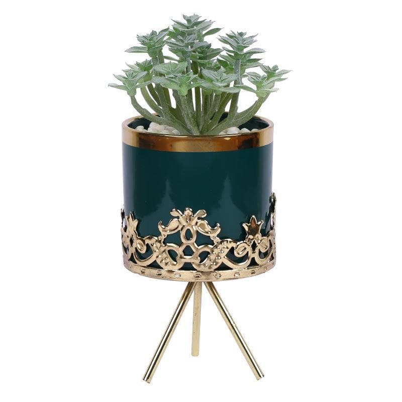 Artificial Plants - Faux Big Crassula In Blue Ceramic Pot - 19 cms