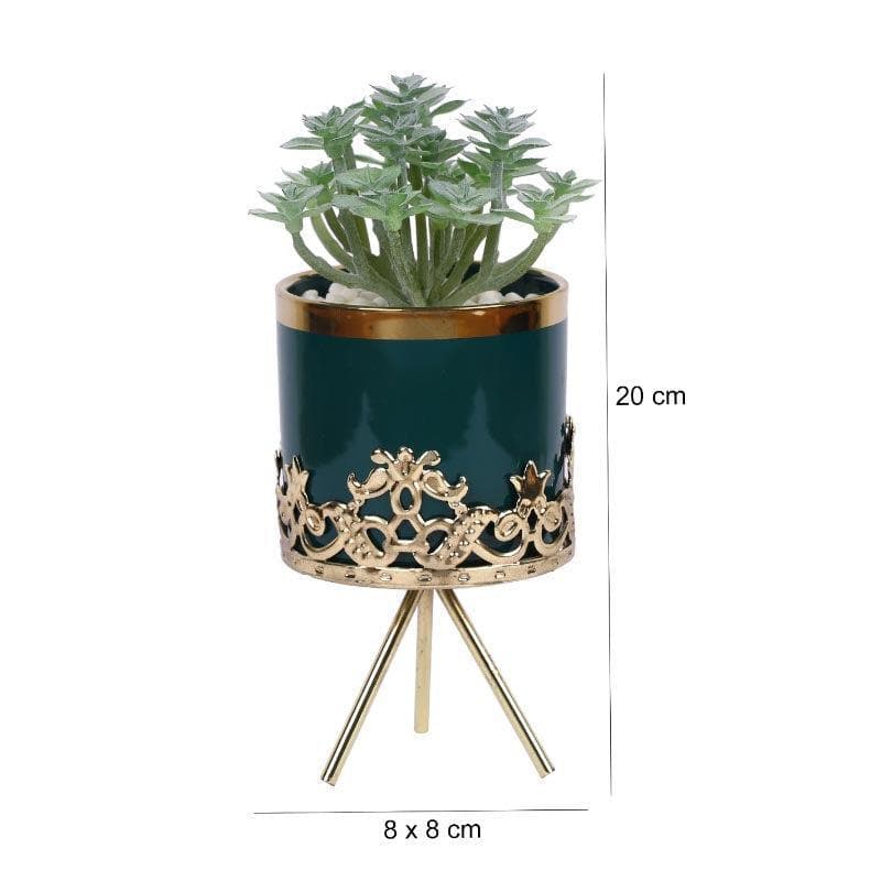 Artificial Plants - Faux Big Crassula In Blue Ceramic Pot - 19 cms