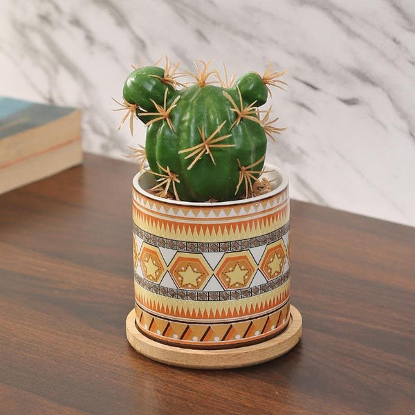 Artificial Plants - Faux Cacti In Ethnic Pot - 13.5 cms